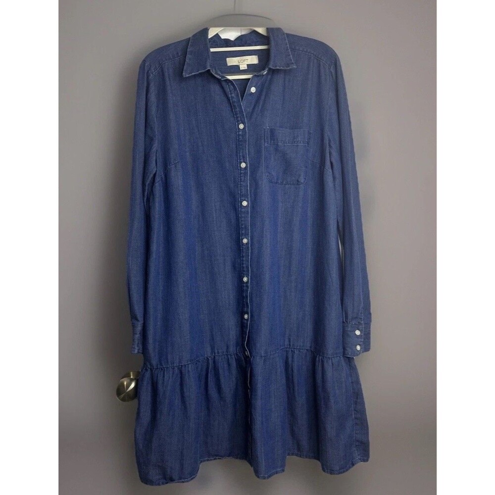 Loft Linen Blend Dress SZ M Button Front Preppy Ruffle Hem Minimalist Casual